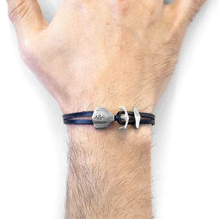 Coal Black Delta Anchor Silver & Flat Leather Bracelet