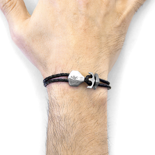 Coal Black Delta Anchor Silver & Braided Leather Bracelet