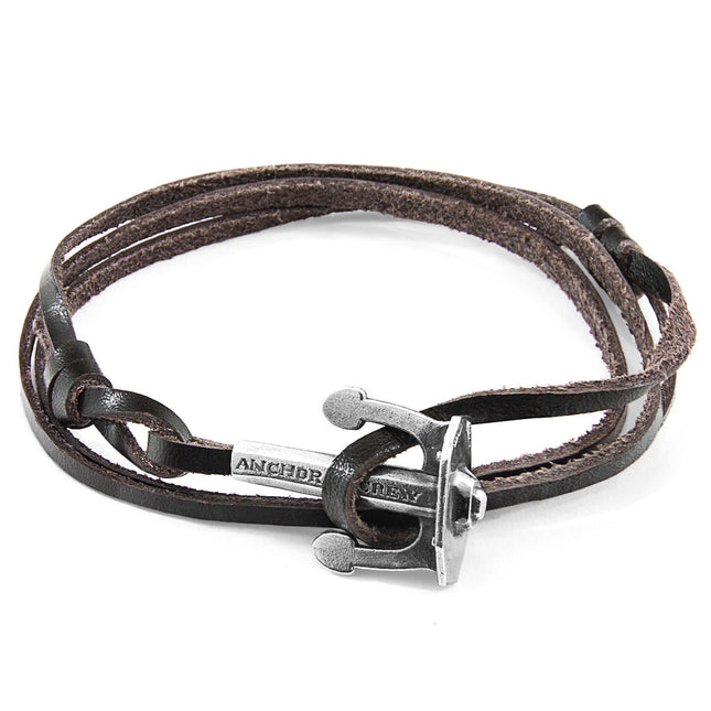 Dark Brown Union Anchor Silver & Flat Leather Bracelet