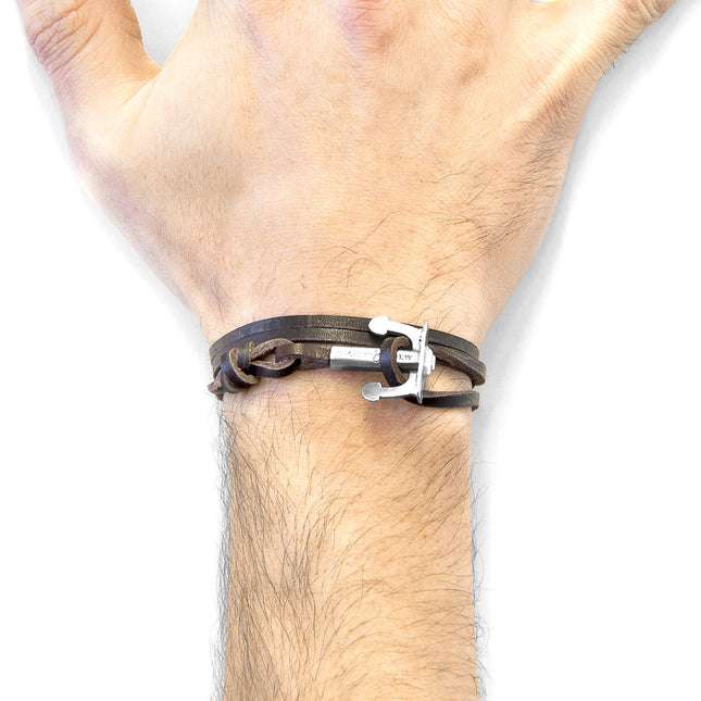 Dark Brown Union Anchor Silver & Flat Leather Bracelet