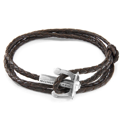 Dark Brown Union Anchor Silver & Braided Leather Bracelet