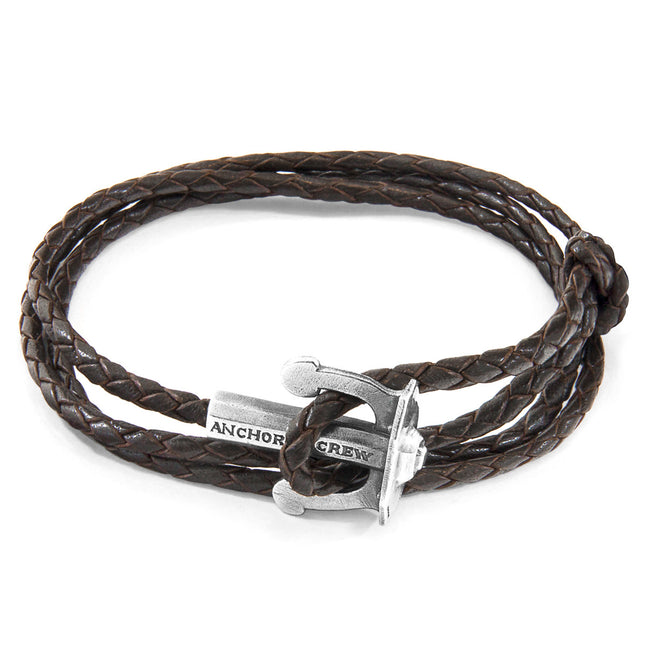 Dark Brown Union Anchor Silver & Braided Leather Bracelet