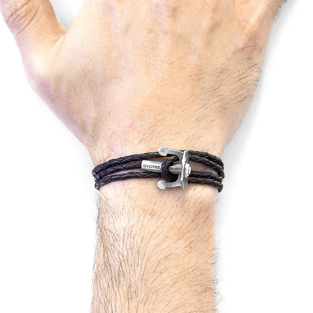 Dark Brown Union Anchor Silver & Braided Leather Bracelet