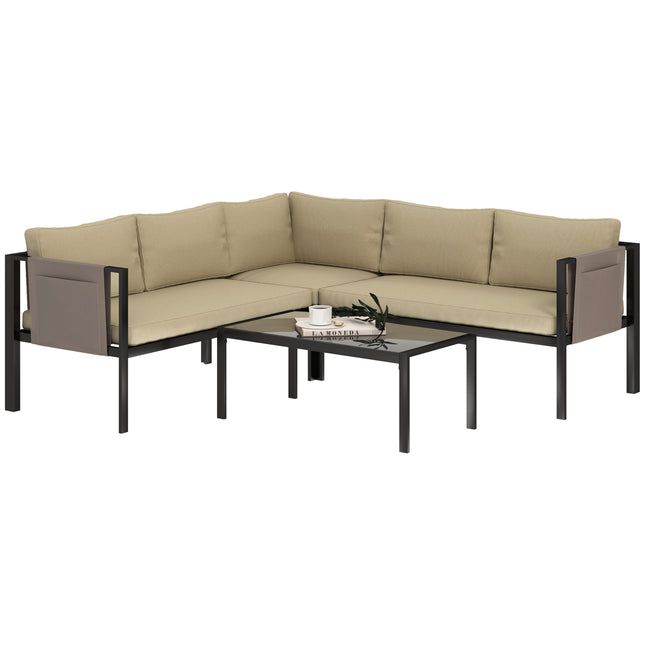 Outsunny 4 Piece Garden Furniture Set w/ Breathable Mesh Pocket, Khaki