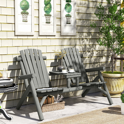 Outsunny Wood Patio Bench 2 Seats w/ Centre Coffee Table, Grey