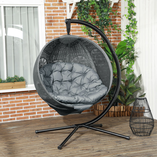 Outsunny Hanging Swing Chair w/ Metal Stand & Side Pocket, Charcoal Grey