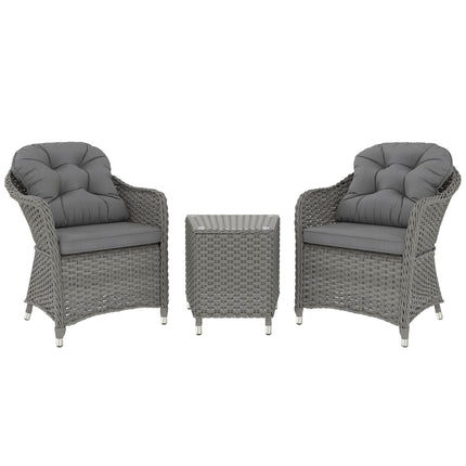 Outsunny 3 PCS Aluminium Rattan Bistro Set with Soft Cushions & Glass Top