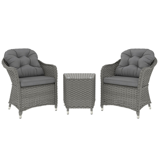 Outsunny 3 PCS Aluminium Rattan Bistro Set with Soft Cushions & Glass Top