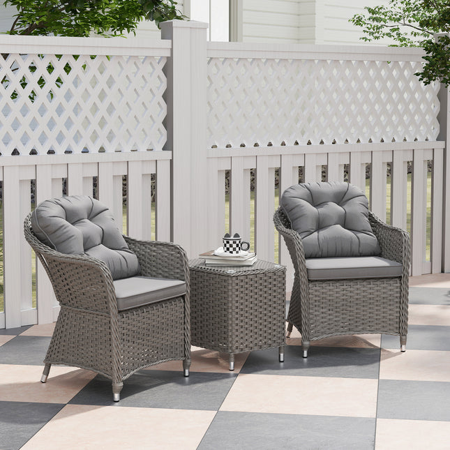 Outsunny 3 PCS Aluminium Rattan Bistro Set with Soft Cushions & Glass Top