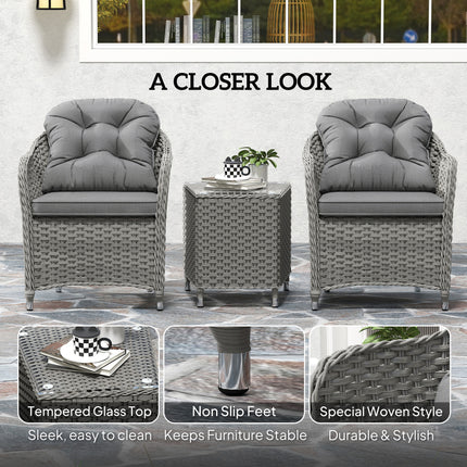 Outsunny 3 PCS Aluminium Rattan Bistro Set with Soft Cushions & Glass Top