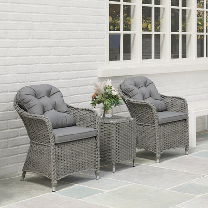 Outsunny 3 PCS Aluminium Rattan Bistro Set with Soft Cushions & Glass Top