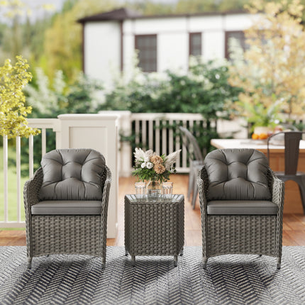 Outsunny 3 PCS Aluminium Rattan Bistro Set with Soft Cushions & Glass Top