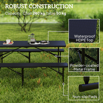 Outsunny Rattan Effect Folding Picnic Table and Bench Set w/ Handles, Black