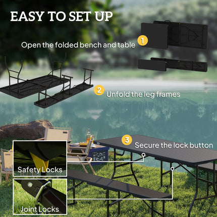 Outsunny Rattan Effect Folding Picnic Table and Bench Set w/ Handles, Black