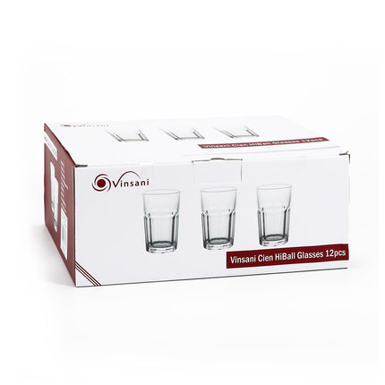 Vinsani Cien HiBall Glasses – Set of 12 Tall Drinking Glasses