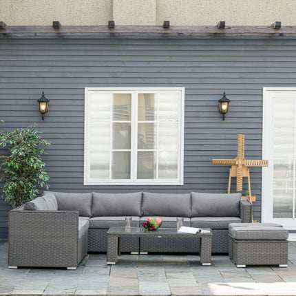 6 PCs PE Rattan Wicker Corner Sofa Set Coffee Table Footstool w/ Cushion - Grey