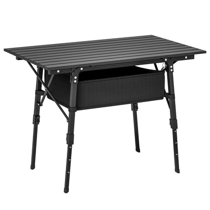 Outsunny Adjustable Height Folding Camping Table with Storage Basket – Black
