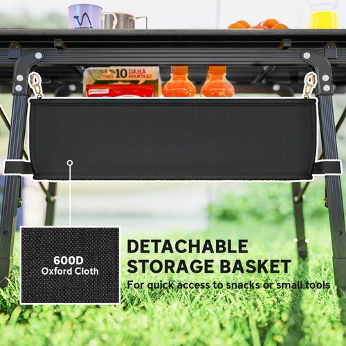 Outsunny Adjustable Height Folding Camping Table with Storage Basket – Black