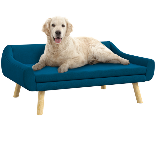 PawHut Raised Dog Sofa Bed – Wooden Frame with Soft Cushion – Blue