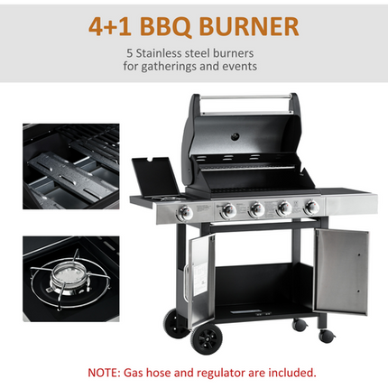 Outsunny 4+1 Burner Gas BBQ Trolley Grill - Stainless Steel 128x50x113cm