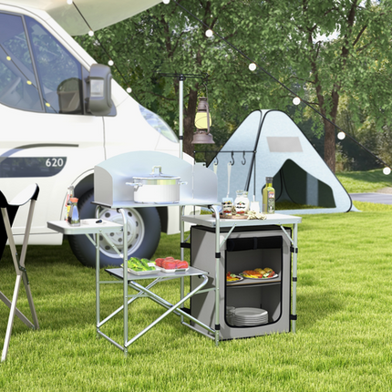 Outsunny Folding Camping Kitchen Table with Cupboard & Carrying Bag