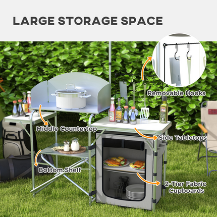 Outsunny Folding Camping Kitchen Table with Cupboard & Carrying Bag