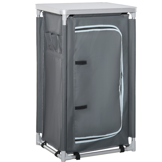 Outsunny 3-Shelf Outdoor Camping Kitchen Cupboard with Cook Table – Grey