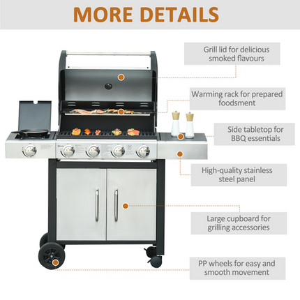 Outsunny 4+1 Burner Gas BBQ Trolley Grill - Stainless Steel 128x50x113cm