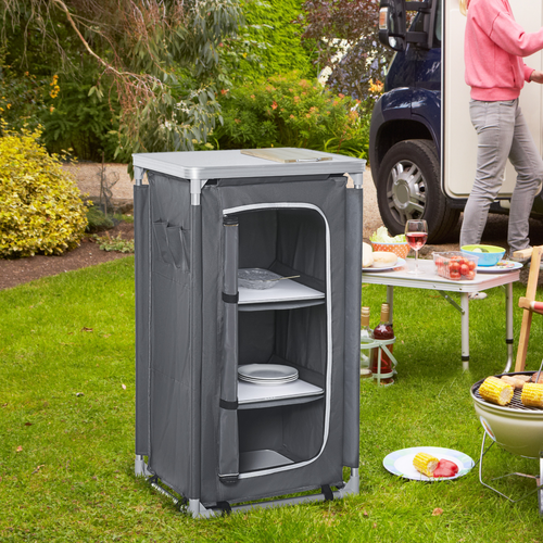 Outsunny 3-Shelf Outdoor Camping Kitchen Cupboard with Cook Table – Grey