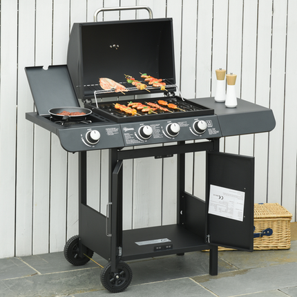 Outsunny Deluxe 3+1 Burner Gas BBQ Trolley Grill - 110x50x100cm