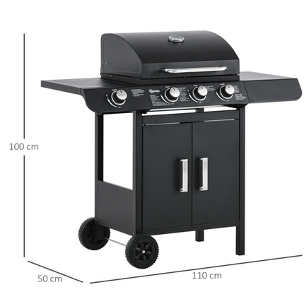 Outsunny Deluxe 3+1 Burner Gas BBQ Trolley Grill - 110x50x100cm