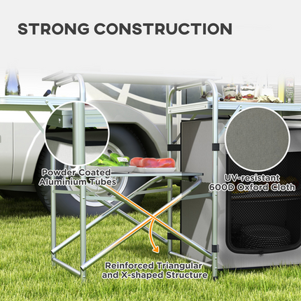 Outsunny Folding Camping Kitchen Table with Cupboard & Carrying Bag