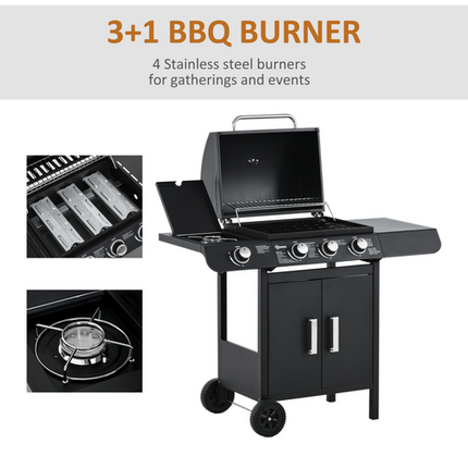 Outsunny Deluxe 3+1 Burner Gas BBQ Trolley Grill - 110x50x100cm