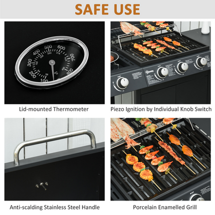 Outsunny Deluxe 3+1 Burner Gas BBQ Trolley Grill - 110x50x100cm