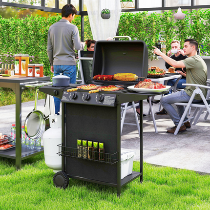 Outsunny 4 Burner Gas BBQ Grill with Lid - Portable Outdoor Grill - Black