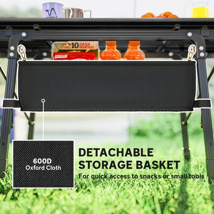 Outsunny Adjustable Height Folding Camping Table with Storage Basket – Black