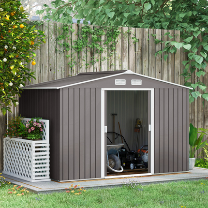 Grey Metal Garden Shed 9 x 6FT with Foundation & Ventilation – Outdoor Storage Building