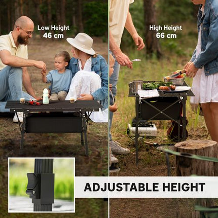 Outsunny Adjustable Height Folding Camping Table with Storage Basket – Black