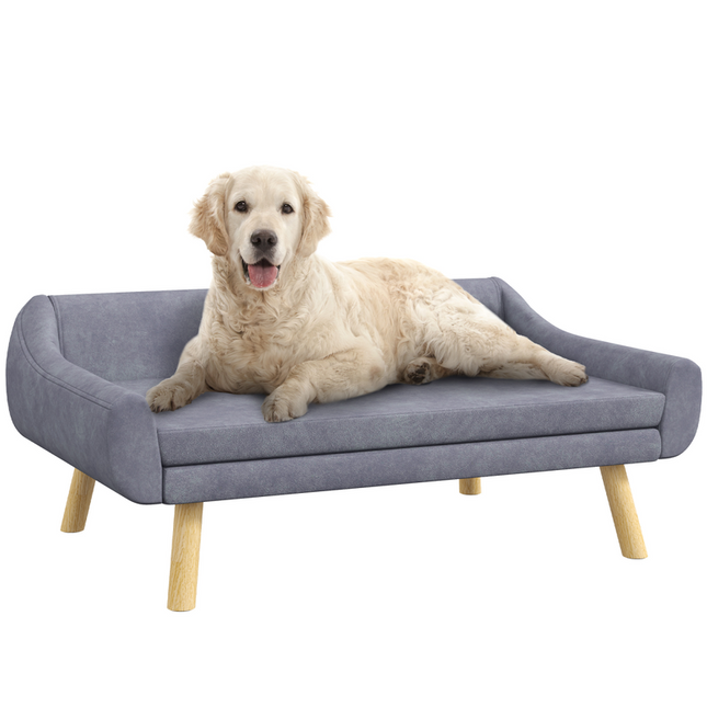 PawHut Raised Dog Sofa Bed – Wooden Frame with Soft Cushion – Grey