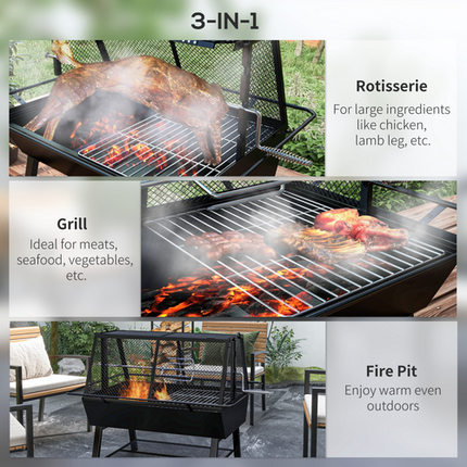 Outsunny 3-in-1 Rotisserie BBQ Grill, Roaster & Fire Pit for Outdoor Picnic and Camping
