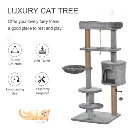 Cat Tree Tower with Scratching Post, Hammock, Hanging Ball, Condo & Teasing Rope
