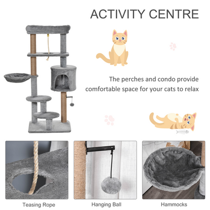 Cat Tree Tower with Scratching Post, Hammock, Hanging Ball, Condo & Teasing Rope