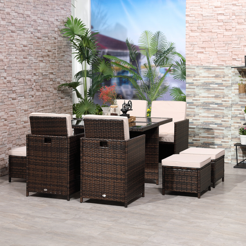 9-Piece Rattan Garden Dining Set – 8 Wicker Chairs, Footrest & Table