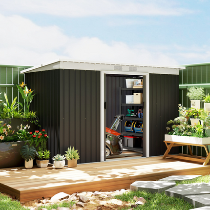 Galvanized Steel Garden Shed 9 x 4FT – Double Door Outdoor Storage Building, Grey