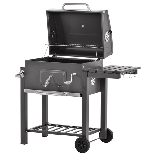 Outsunny Charcoal BBQ Grill Trolley with Shelf, Side Thermometer - Black Steel
