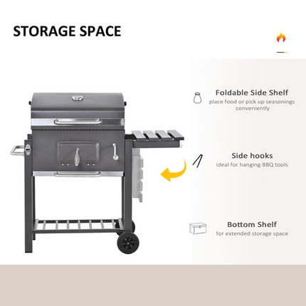 Outsunny Charcoal BBQ Grill Trolley with Shelf, Side Thermometer - Black Steel