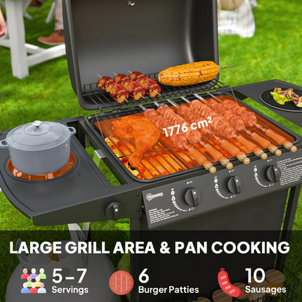 Outsunny 4 Burner Gas BBQ Grill with Lid - Portable Outdoor Grill - Black