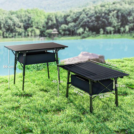 Outsunny Adjustable Height Folding Camping Table with Storage Basket – Black