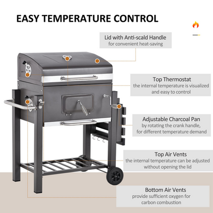 Outsunny Charcoal BBQ Grill Trolley with Shelf, Side Thermometer - Black Steel