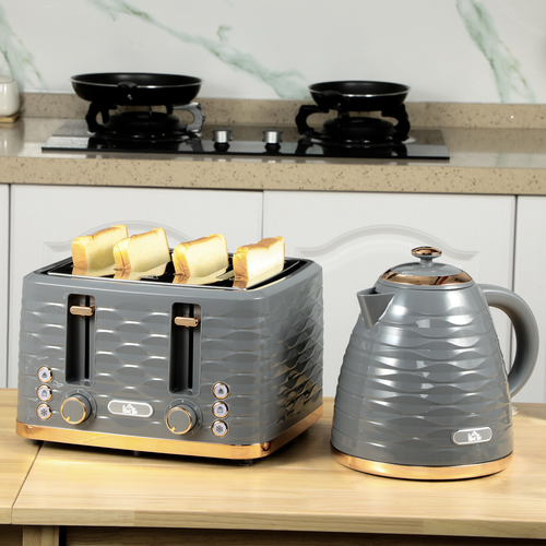 HOMCOM 1.7L Rapid Boil Kettle & 4-Slice Toaster Set – Grey